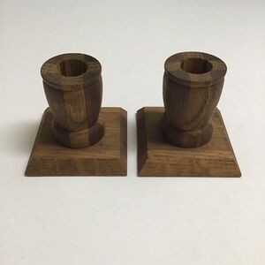 Vintage Folk Art Rustic Pair Small Solid Wood Candlestick Holders 3” Primitive